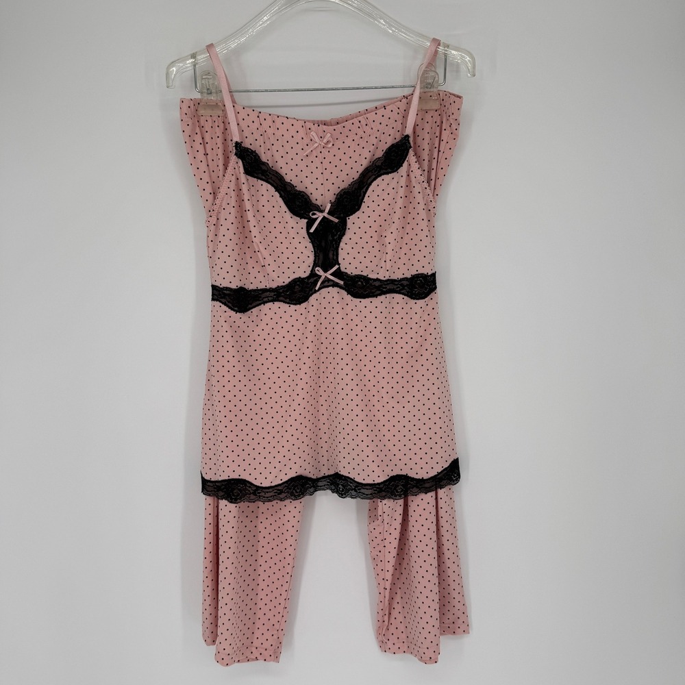 Polka Dot Babydoll Pajama Set Sz L Pink Lace Trim Coquette Balletcore Sleepwear